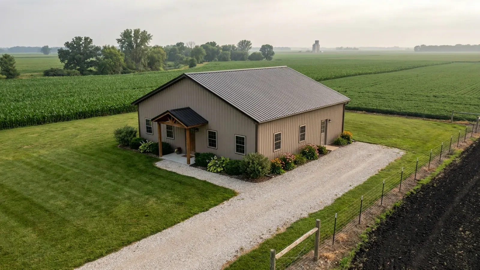 A compact 30x40 barndominium sized like a starter home or cabin, with a covered entry porch and no large shop bay.