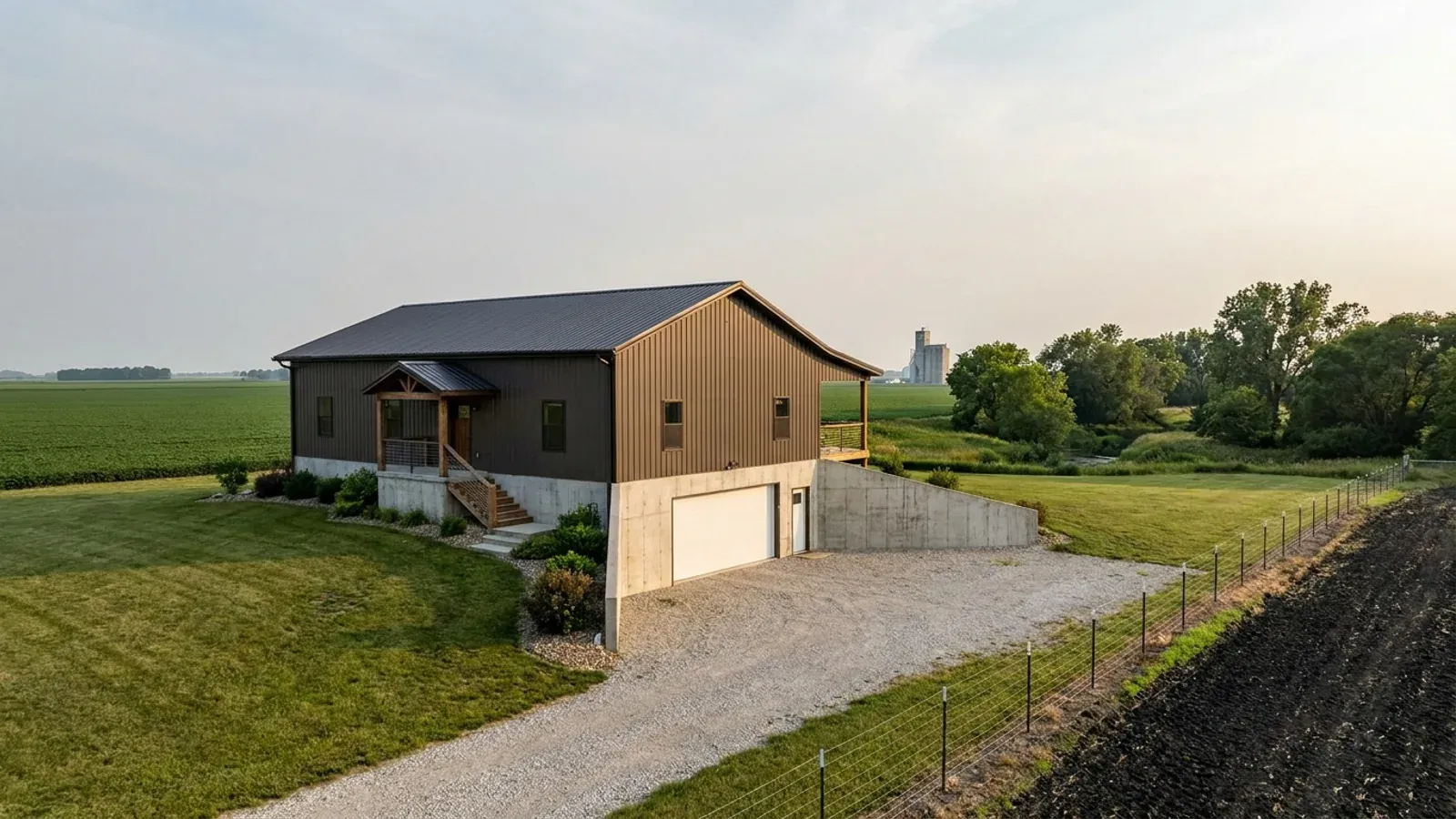 A barndominium raised on a stem-wall foundation with steps up to the entry and enclosed storage space beneath the elevated floor.