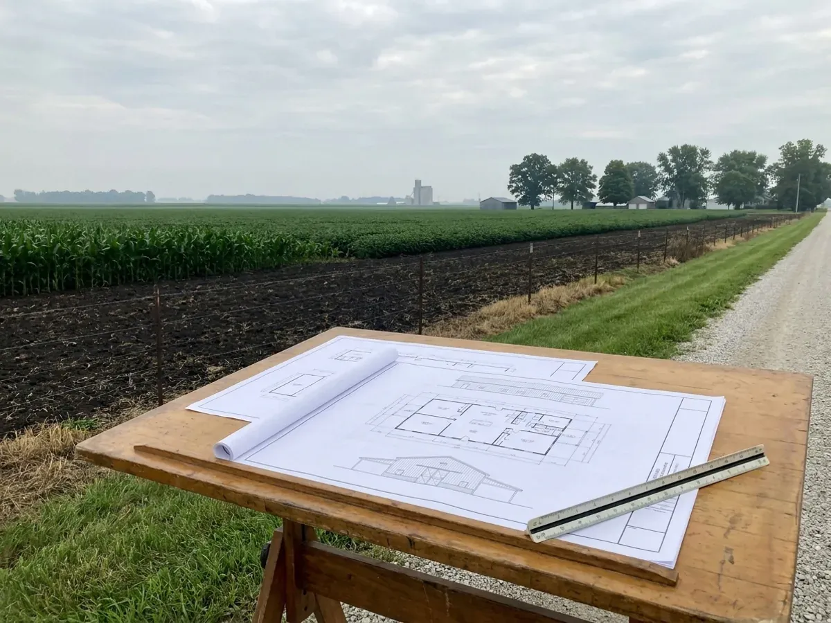 Barndominium floor plan and elevation drawings laid out on a drafting table with a scale rule.