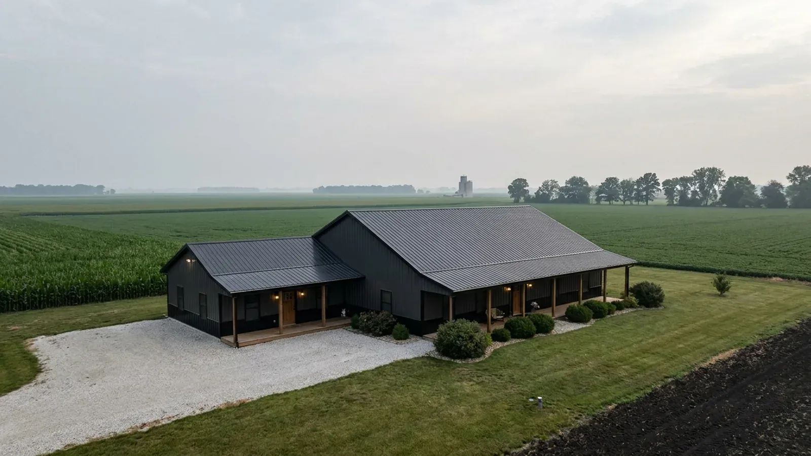 A barndominium with a smaller attached in-law suite wing that has its own separate covered entry, distinct from the main entry.