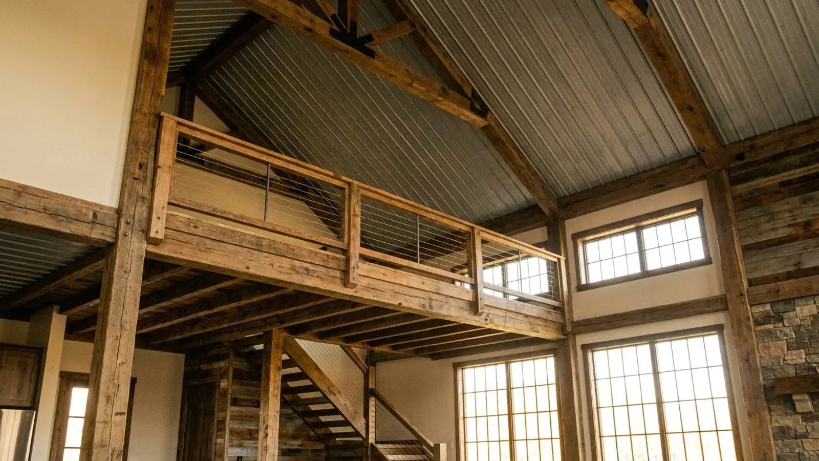 A barndominium great room with an open loft level and railing built over part of the room, reached by an open staircase.