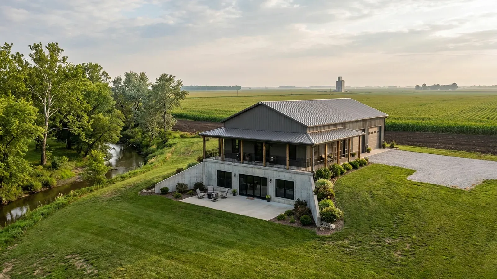 A barndominium with a walkout basement built where the ground falls toward a wooded creek, the lower level opening onto a patio at grade.