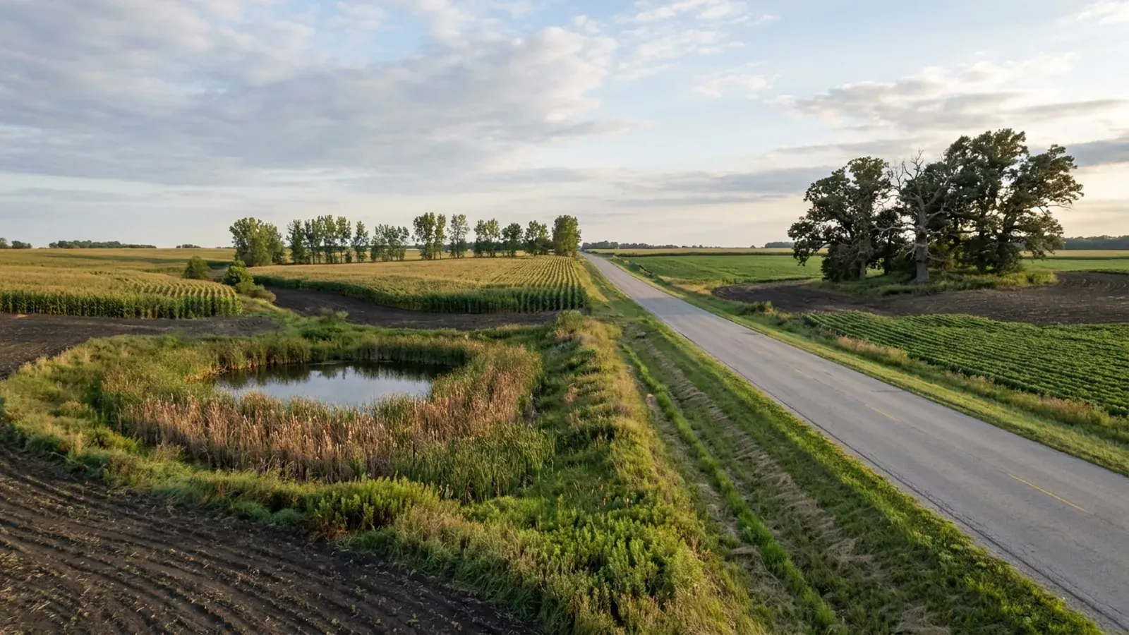 Gently rolling farmland on the Chicagoland fringe with corn and soybean fields, a cattail wetland in a hollow and an oak grove on a rise.
