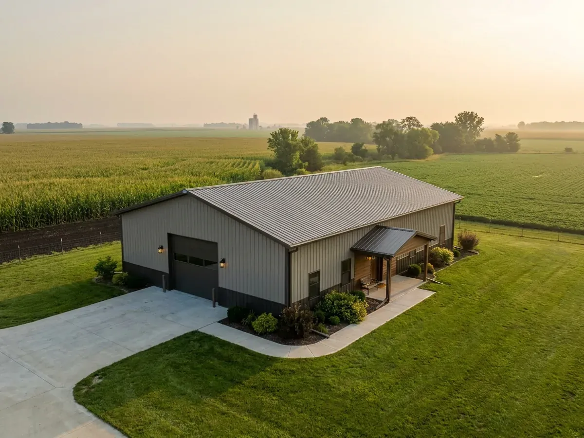 A completed barndominium home viewed from the front corner, with finished landscaping, a covered entry porch and an attached shop bay.