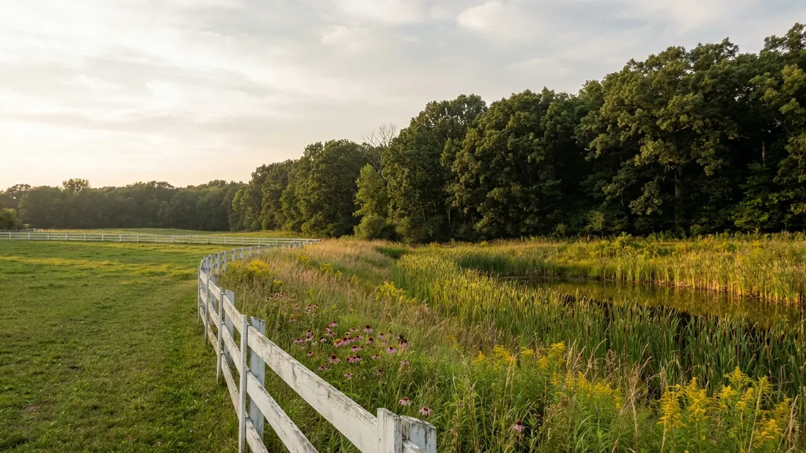 Gently rolling oak savanna and horse pasture with a board fence, a cattail pond and dense woodland closing the view.