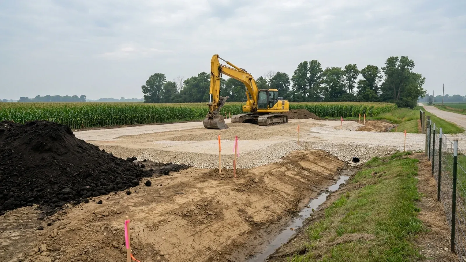 An excavator grading a compacted building pad on a flat lot, with black topsoil stockpiled to one side, survey stakes and a drainage swale.
