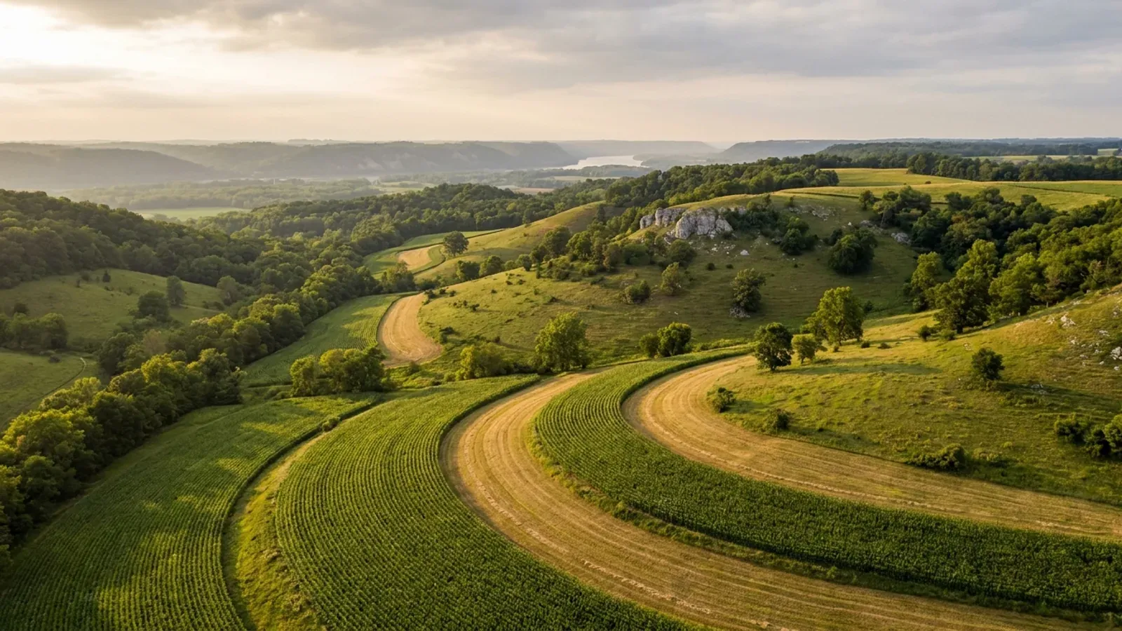 Steep rounded Driftless Area hills with contour-strip fields, wooded valleys and a limestone outcrop above the distant Mississippi valley.