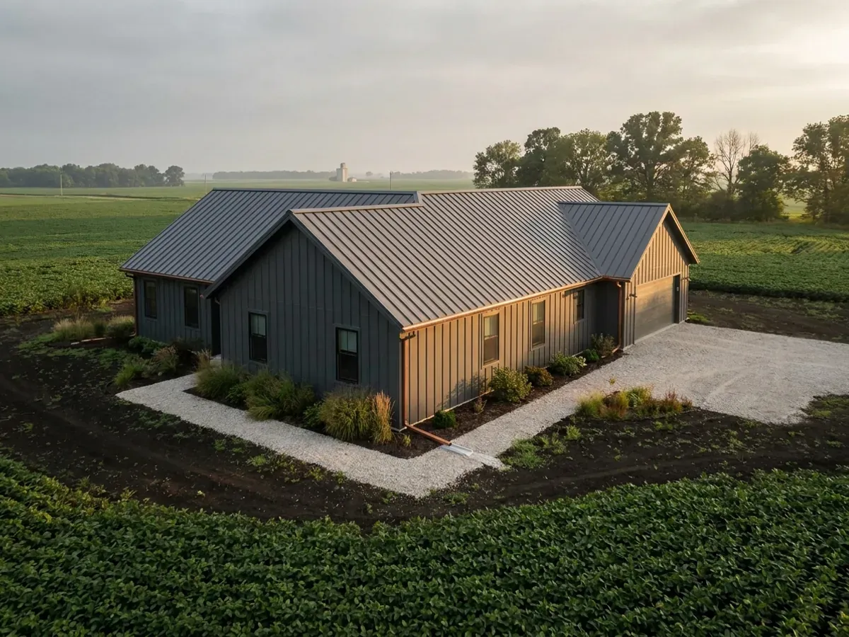 Exterior detail of a metal-clad home showing standing seam roofing, vertical wall panels, and a downspout discharging away from the wall.