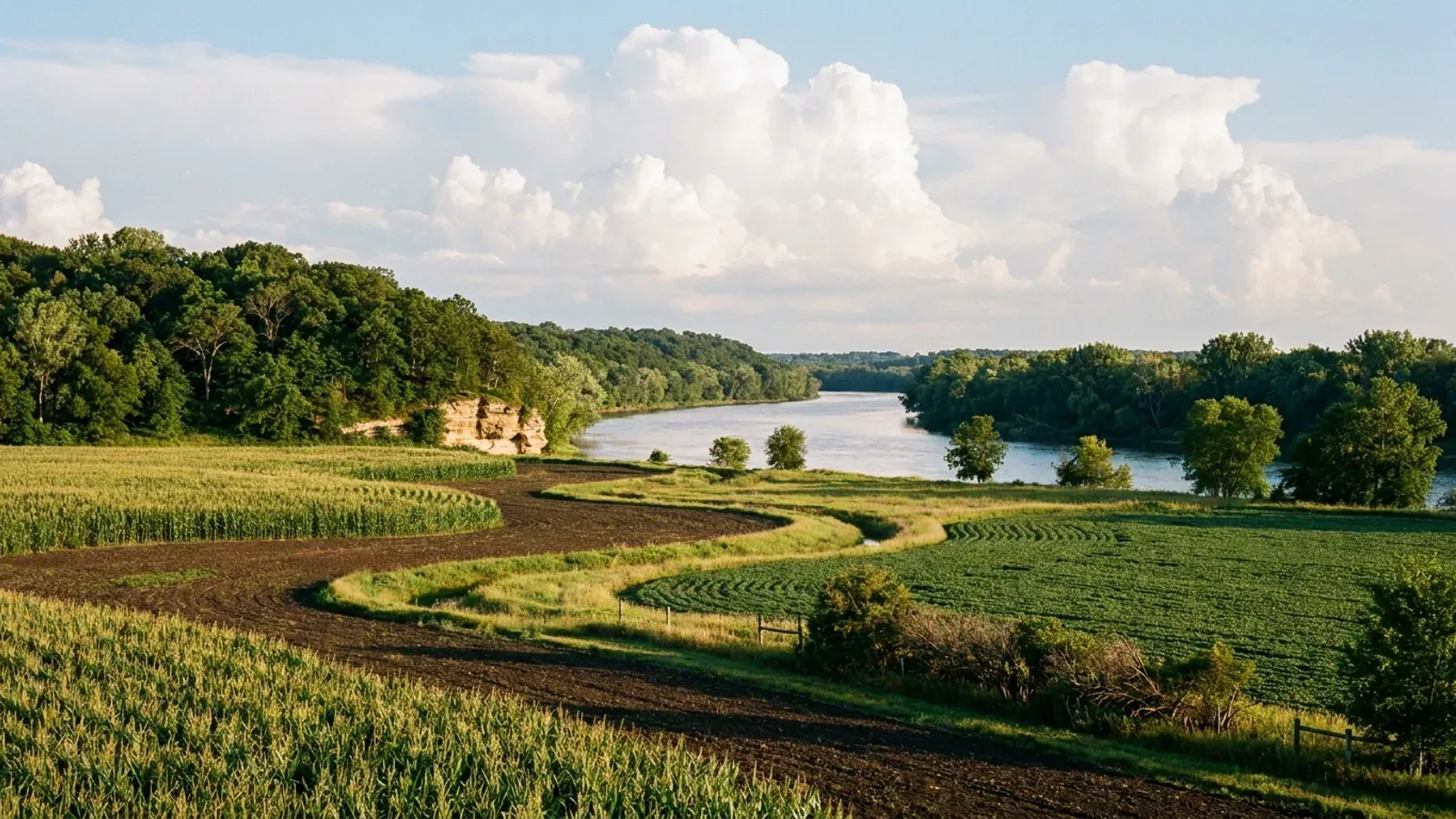 Gently rolling northern Illinois cropland falling to a wooded river valley with a low tan sandstone outcrop.