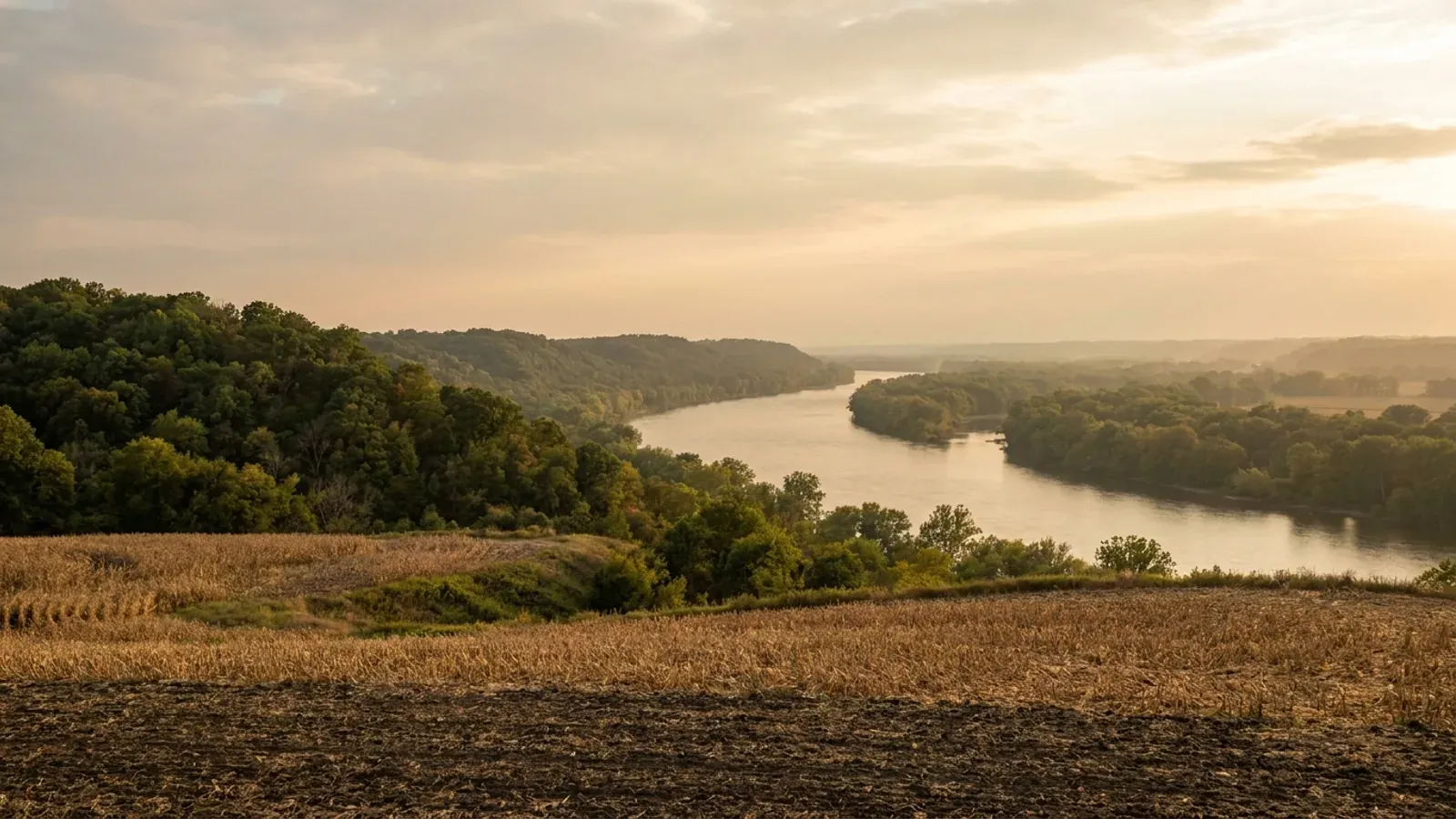Flat upland cropland ending at wooded bluffs above a broad river valley with bottomland woods below.