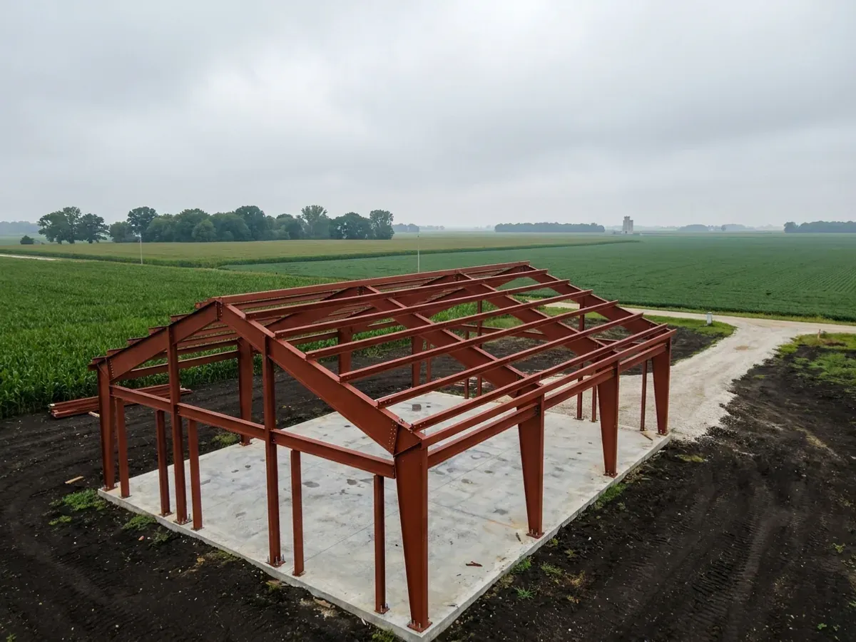 A red oxide primed structural steel frame partly erected on a concrete slab, showing bolted knee joints and anchor bolts.