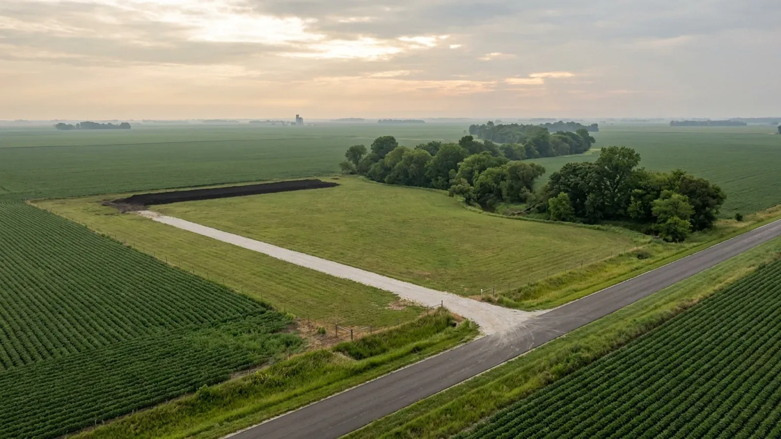 Aerial view of an undeveloped rural lot cut out of flat cropland, with a gravel access lane, dark topsoil in one corner and a tree line along a creek.