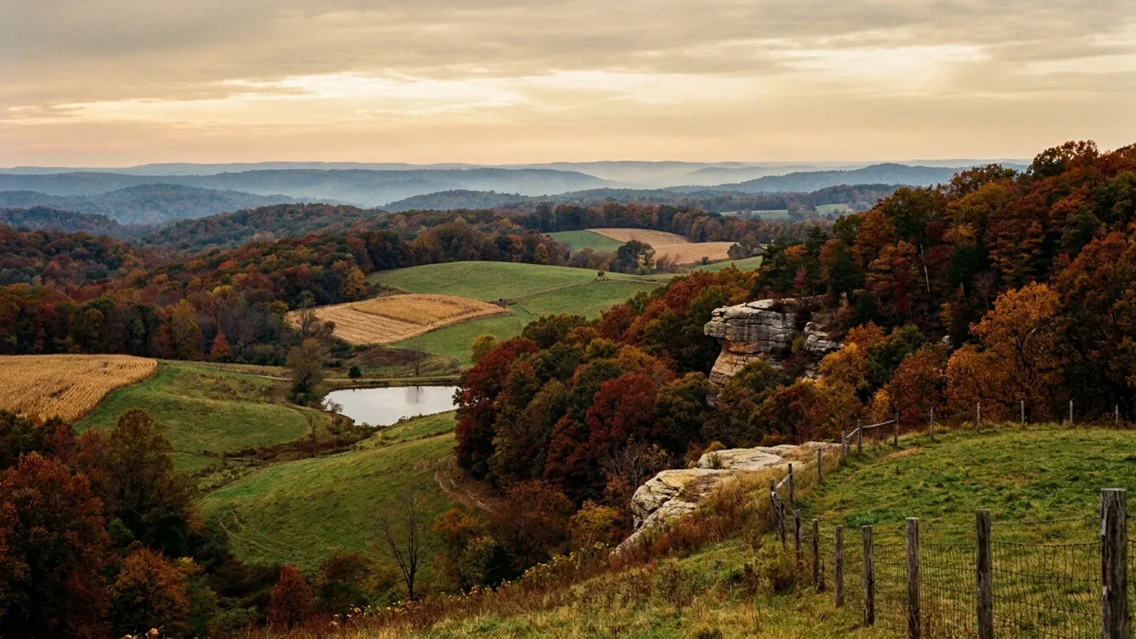 Hilly pasture opened out of oak-hickory forest in the Shawnee Hills, with wooded ridges, a sandstone ledge and a farm pond.