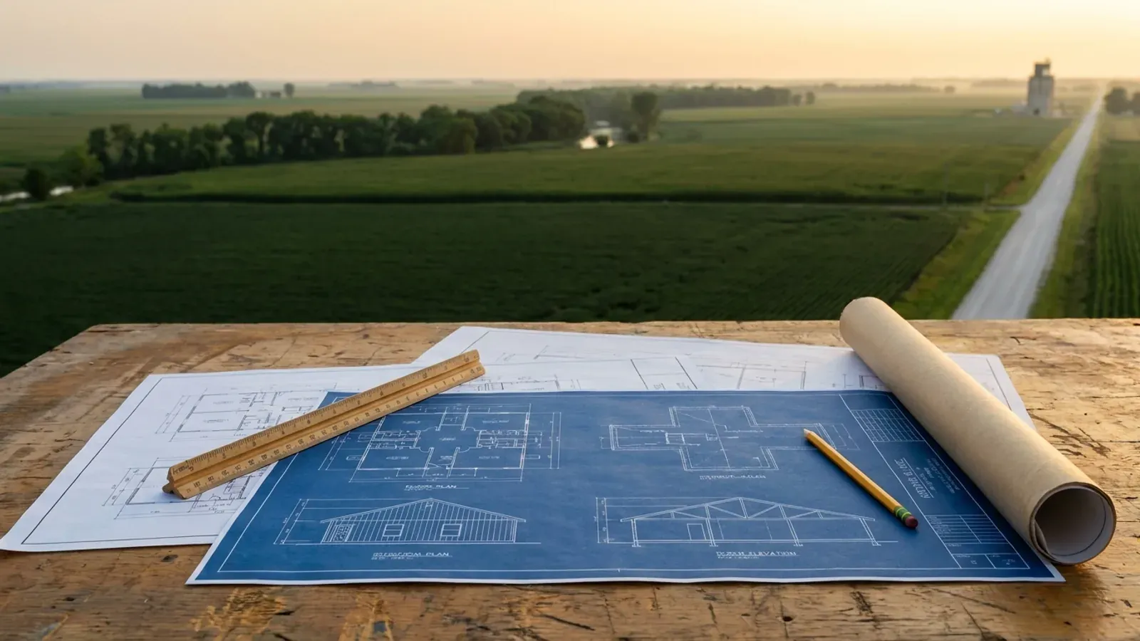 Overhead view of architectural floor plan and structural elevation drawings spread on a workbench with a scale ruler and pencil.