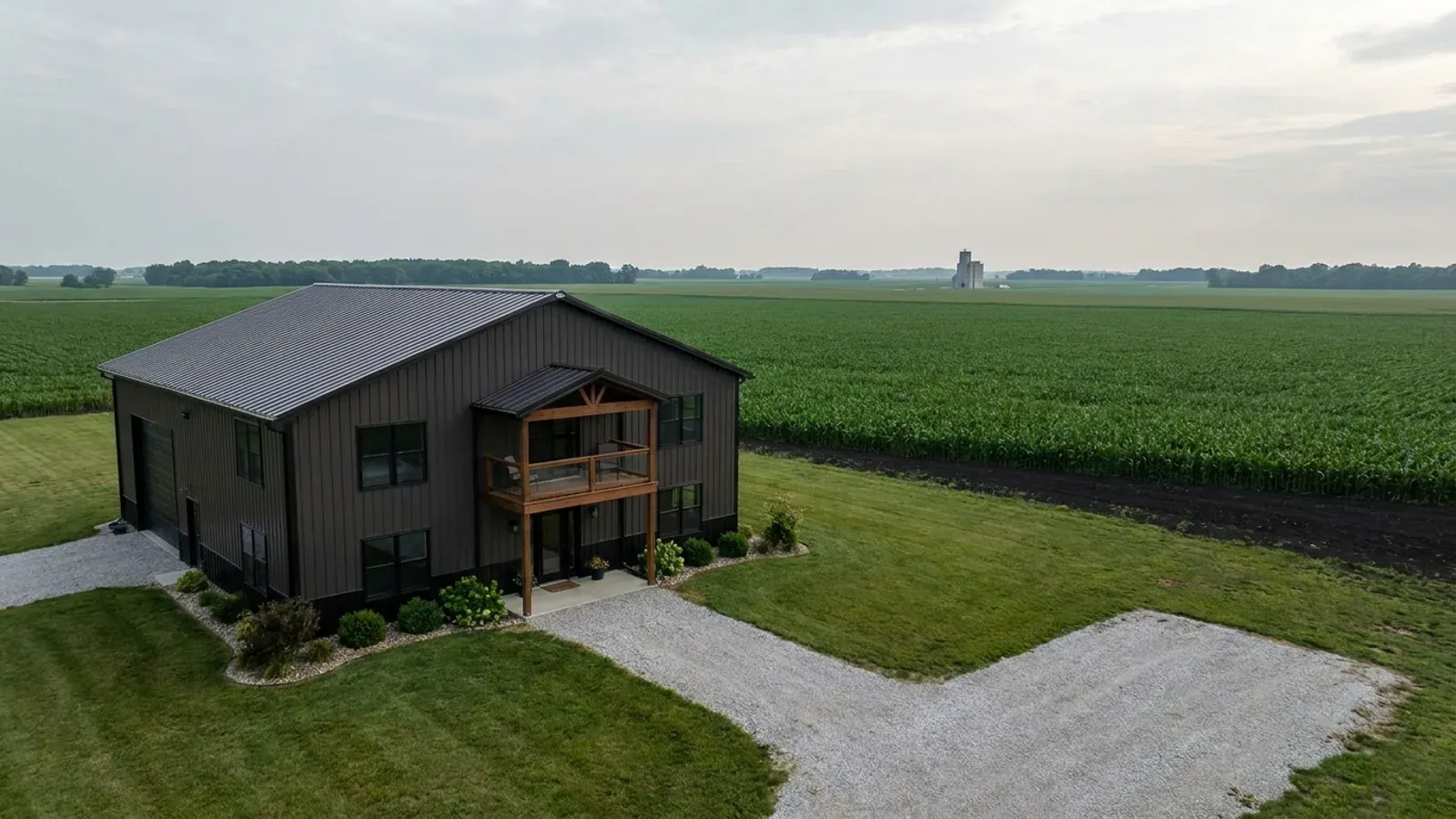 A completed two-story barndominium with visible second-story windows and a small covered balcony above the entry porch.