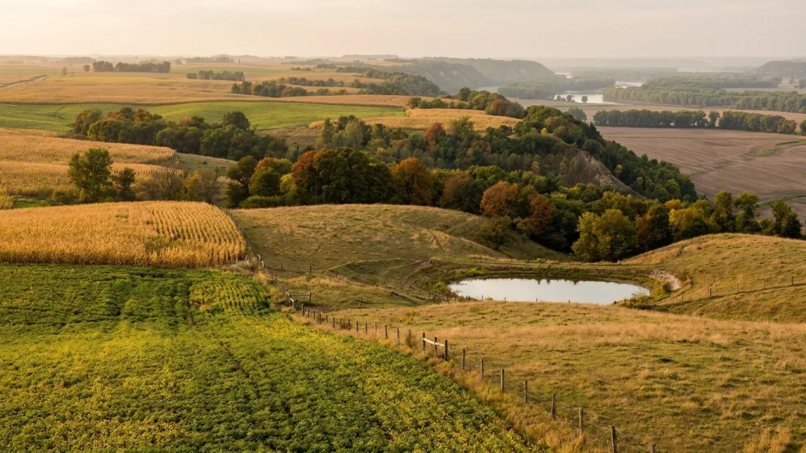 Rolling western Illinois farmland and pasture ending at wooded Mississippi River bluffs above a broad flat bottomland.